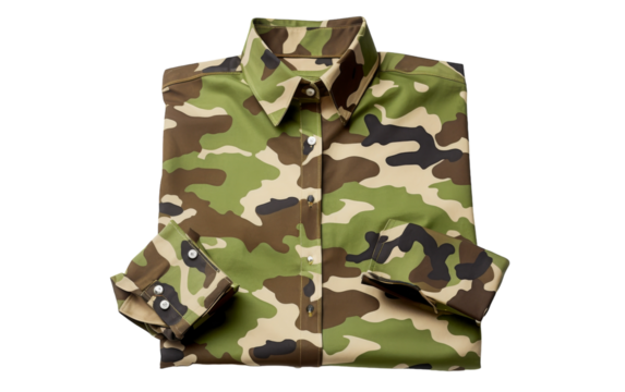 A green and brown camo shirt resting peacefully on a white background