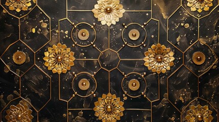 A close up of a decorative wall with gold and black designs, AI - 772159505