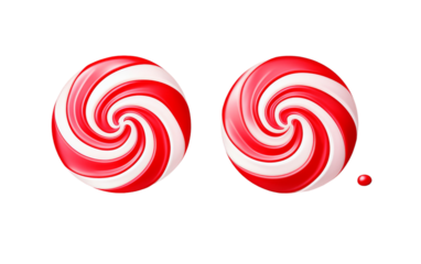 Two vibrant red and white lollipops swirl together on a crisp white background