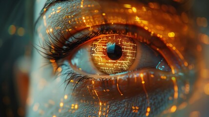 Detailed Close Up of Human Eye Illuminated by Microchip Implants
