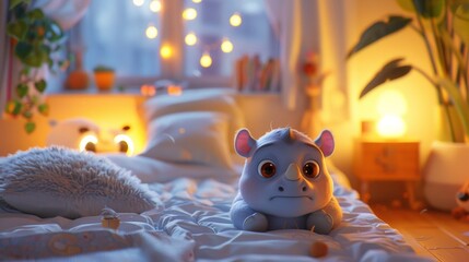 A stuffed animal sitting on a bed with lights and plants, AI - 772159708
