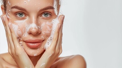 Portrait photo of a white woman with clear skin washing her face with soap on a grey background