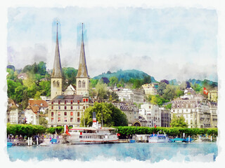 Picturesque view of the waterfront with cathedral, houses and boats in Lucerne, Switzerland. Watercolor painting.