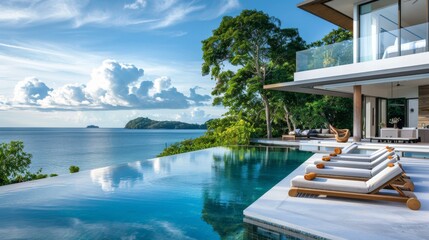 A stunning oceanfront infinity pool at a luxury villa, blending seamlessly into the sea against a backdrop of a picturesque sky.