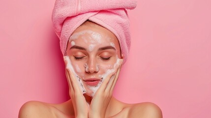 Portrait photo of a white woman with clear skin washing her her face with soap with a pink towel wrapped around her head  on a pink background