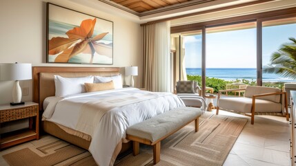 An elegantly appointed bedroom with a plush bed, tasteful decor, and a stunning view of a tropical beach landscape through large windows.