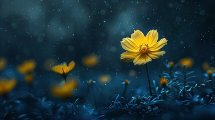 A yellow flower in the middle of a field with rain falling, AI - 772159953
