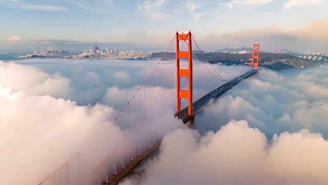  Golden Gate Bridge aerial view and there is fog all around it