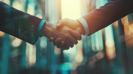 Successful Business Partnership: Close-Up Handshake between Two Businessmen with Flare Effect and Blurred Background - Horizontal Image - obrazy, fototapety, plakaty