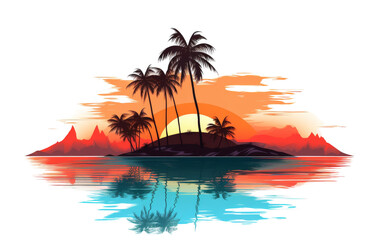 Fototapeta na wymiar Palm trees sway peacefully on a tropical island as the sun sets in a dazzling display of colors