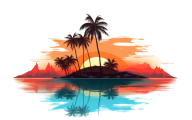 Palm trees sway peacefully on a tropical island as the sun sets in a dazzling display of colors