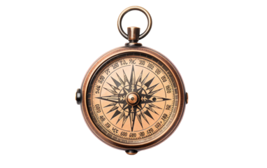 A compass resting on a white background, pointing north with precision