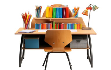 A desk with a chair and a bookshelf in a cozy study room