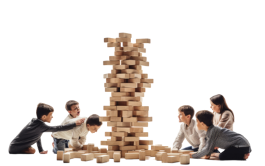 A group of diverse individuals happily playing and building with wooden blocks