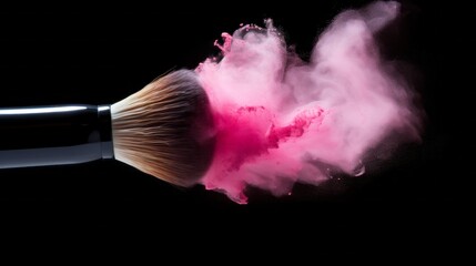 A makeup brush is covered in pink powder, creating a dramatic