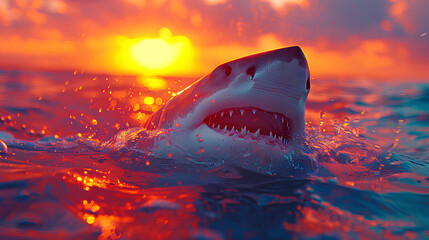 Great white shark and colored sunlight sunset