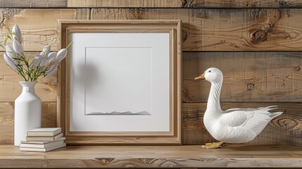 A picture of a white duck sitting next to some books and flowers, AI