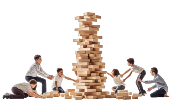 A diverse group of people working together to build a tall tower of colorful blocks