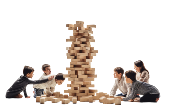 A group of diverse individuals happily playing and building with wooden blocks