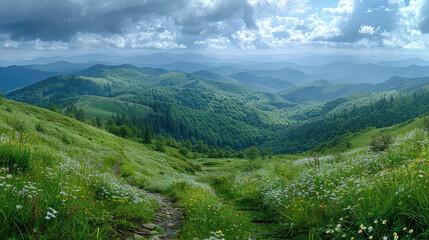 Fototapeta na wymiar Beautiful summer landscape of green hills and mountains with clouds in the blue sky on a sunny day, panoramic view from top to bottom. Created with Ai
