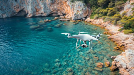 A drone flying over a body of water with rocks and trees, AI