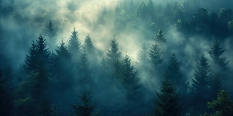 gorgeous aerial view of conifer forest with fog drifting around at morning time with sunrise light, Generative Ai	
 - obrazy, fototapety, plakaty