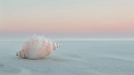 Plakat A shell on the beach at sunset with a pink sky, AI