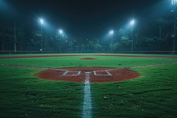 Cinematic still of a baseball field at night, with the lights on and green grass with white lines in the center. Created with Ai - obrazy, fototapety, plakaty