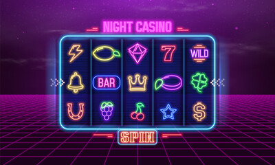 Slot machine with neon gaming symbols. Vector illustration.