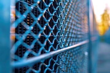 Closeup of a heat pump outdoor unit grille in summer time. - obrazy, fototapety, plakaty