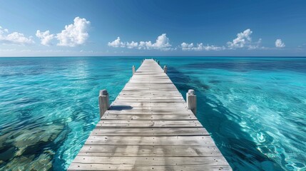 A long wooden pier in the middle of a clear blue ocean, AI