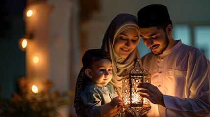 Obraz premium 3D Muslim family decor with Ramadan decor with a simple background