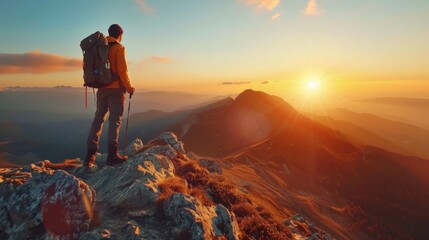 A man with backpack standing on top of a mountain looking at the sun, AI
