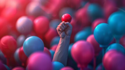 A hand holding a red balloon in the midst of many blue balloons, AI