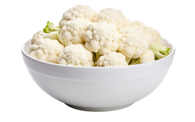 A pristine white bowl brimming with cauliflower sits atop a sleek white table - obrazy, fototapety, plakaty