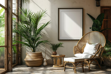 A mockup of an A4 frame on the wall in a tropical home interior with a rattan armchair, side table and potted plants near a window with sunlight coming through an open door. Created with Ai