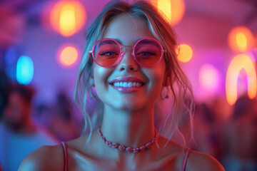 Happy young blonde woman dancing at a nightclub party, disco girl having fun at a music festival - obrazy, fototapety, plakaty