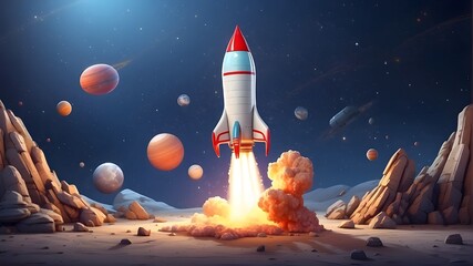 Cartoon rocket spaceship blasting off - obrazy, fototapety, plakaty