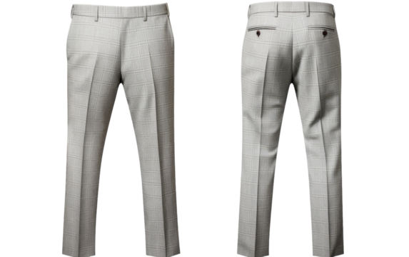 A pair of stylish grey pants suspended in mid-air on a clean white background