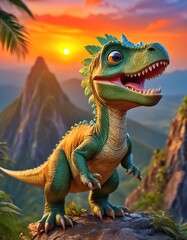 An adorable and baby dinosaur with big color eyes, roaring on the top of a mountain with jungle in the background
