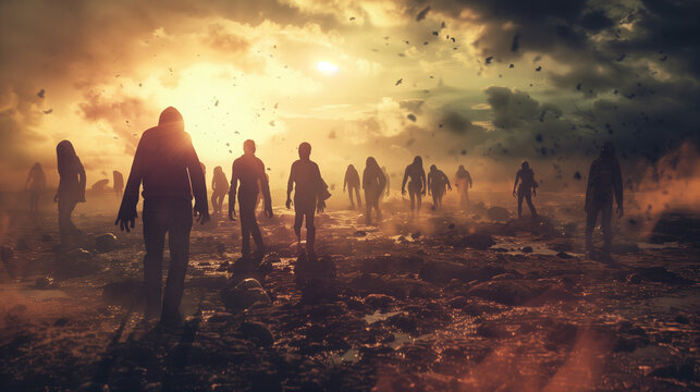 Group of scary zombies walking around in haunted city with smoke, post apocalypse scene