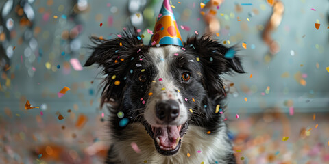 A border collie wearing a birthday hat, with confetti falling around it. The dog is smiling and looking directly at the camera with its ears up in celebration of its special day. Created with Ai