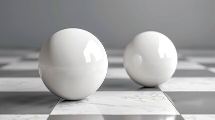 Two white eggs on a checkered floor with one egg in front of the other, AI