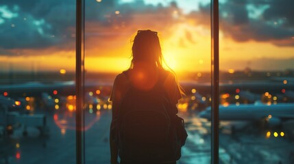 Silhouette of woman standing by window, looking out at airport during sunset, contemplating journey ahead - obrazy, fototapety, plakaty