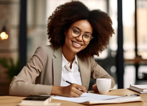 beautiful afro african businesswoman working in the office stock image, in the style of smilecore, light gray and dark brown, contrasting, oshare kei, lovely