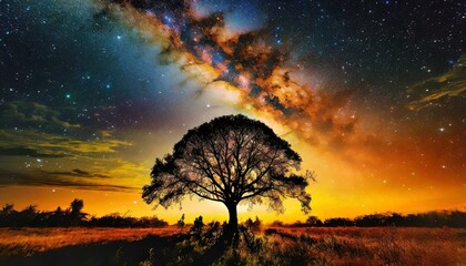 Silhouette of lone tree against the backdrop of a sunset in the forest with the milky way in the sky.  - Powered by Adobe