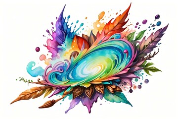 Vibrant image of a colorful abstract watercolor feather and leaf design with splashes and swirls, set against a white background. Perfect for nature-themed designs, modern art projects, digital illust