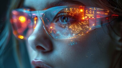 Woman Wearing Futuristic Glasses With City Background