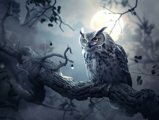 Majestic Owl on Moonlit Branch