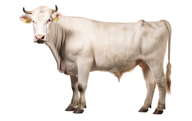 A majestic white cow with horns standing gracefully in front of a plain white background